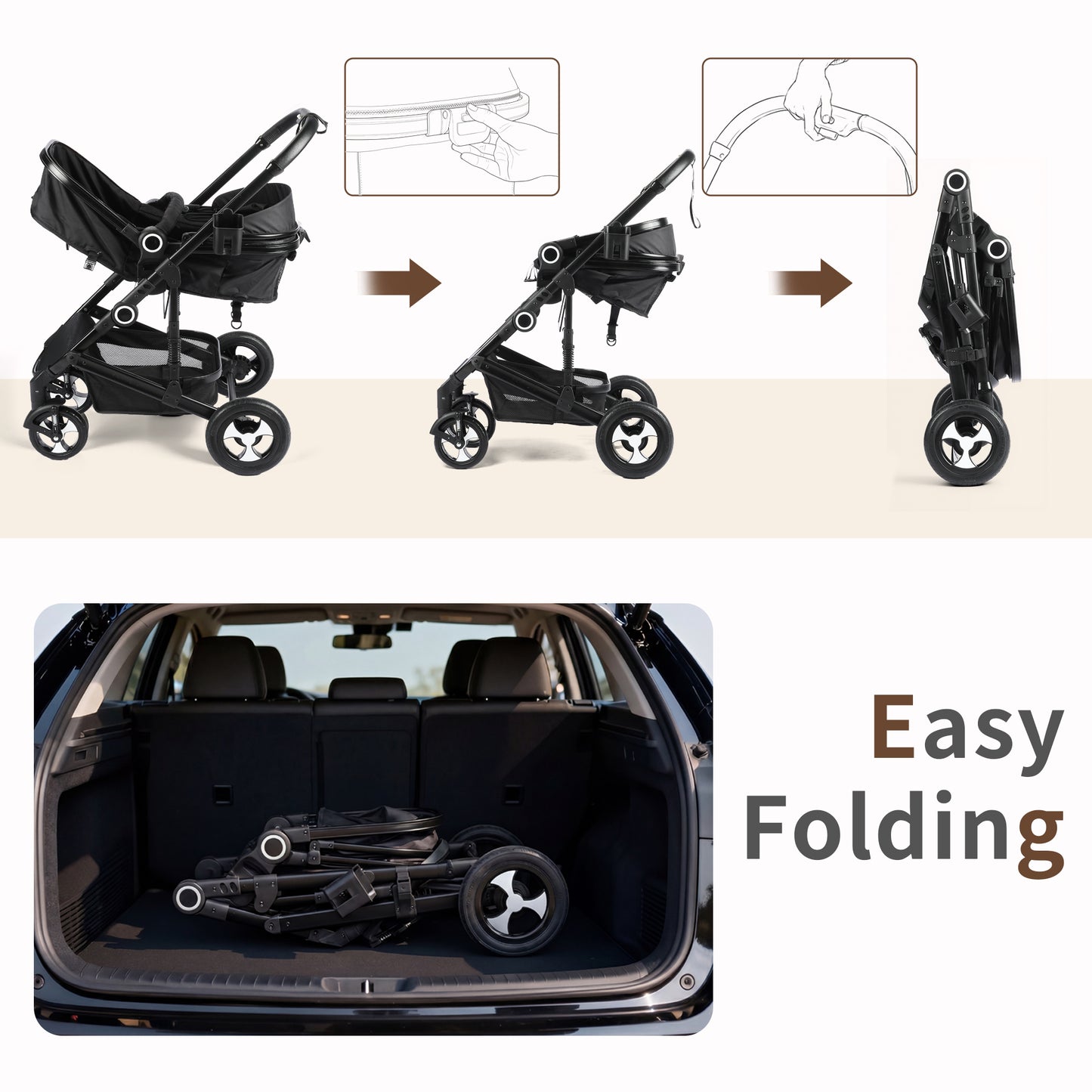 AILEEKISS 3 in 1 Convertible Baby Stroller, Unisex Folding Newborn Stroller with Big Seat, Black