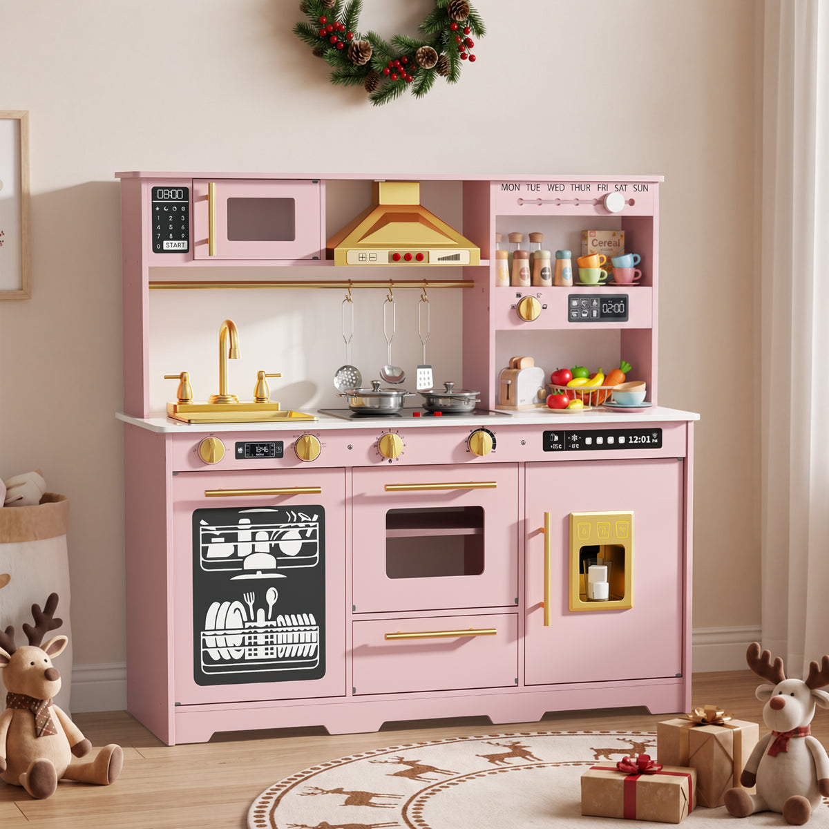 AILEEKISS Kids Toy Kitchen for Children, Pretend Kids Play Kitchen Set with Cooking Accessories, Pink