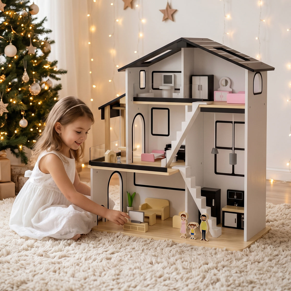 AILEEKISS Dollhouse for Kids with 20 Pieces Furniture Set, 3-Story Dream House with Puzzle Patio, White