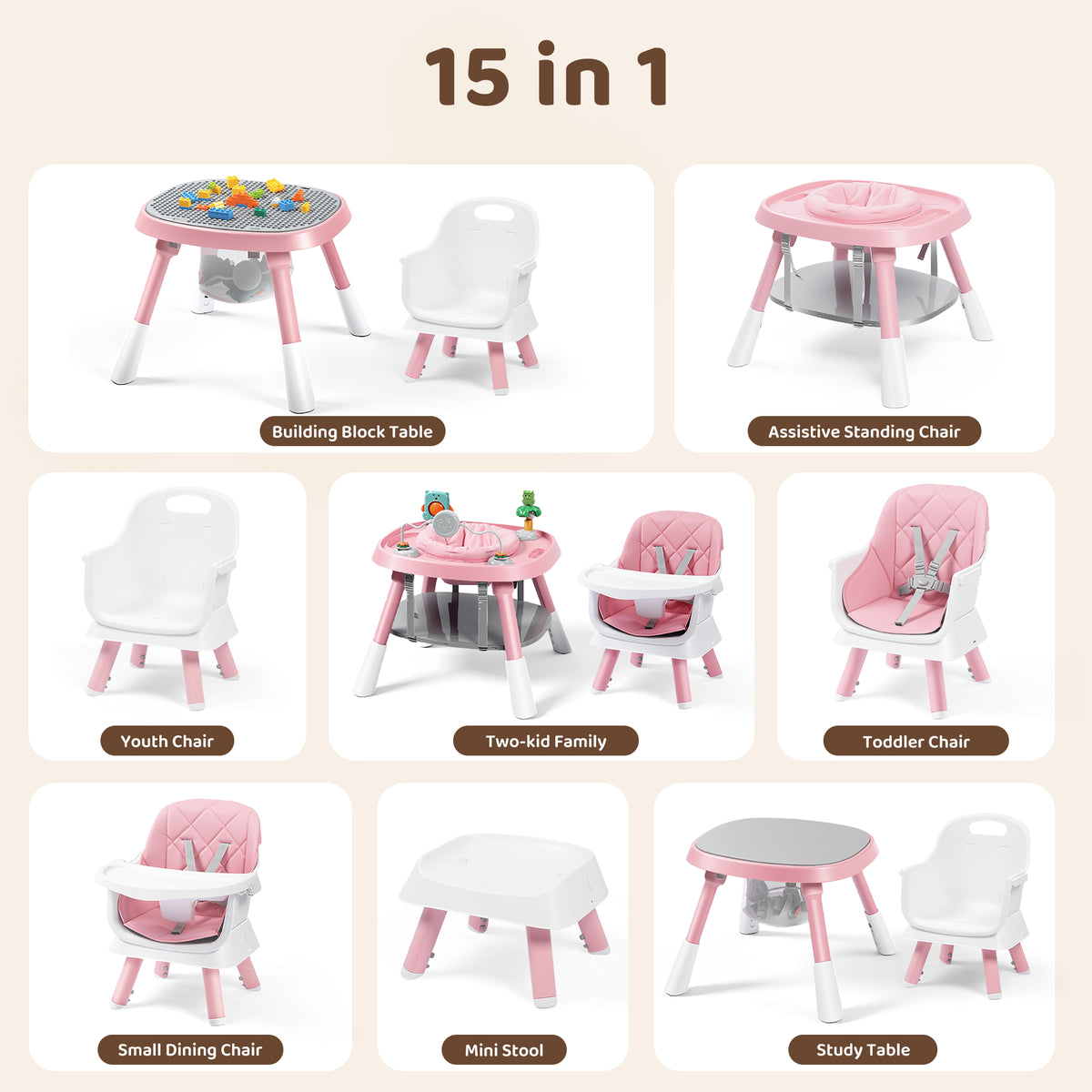 AILEEKISS 15 in 1 Baby High Chair, Toddler Dining Booster Seat w/Activity Center, Pink
