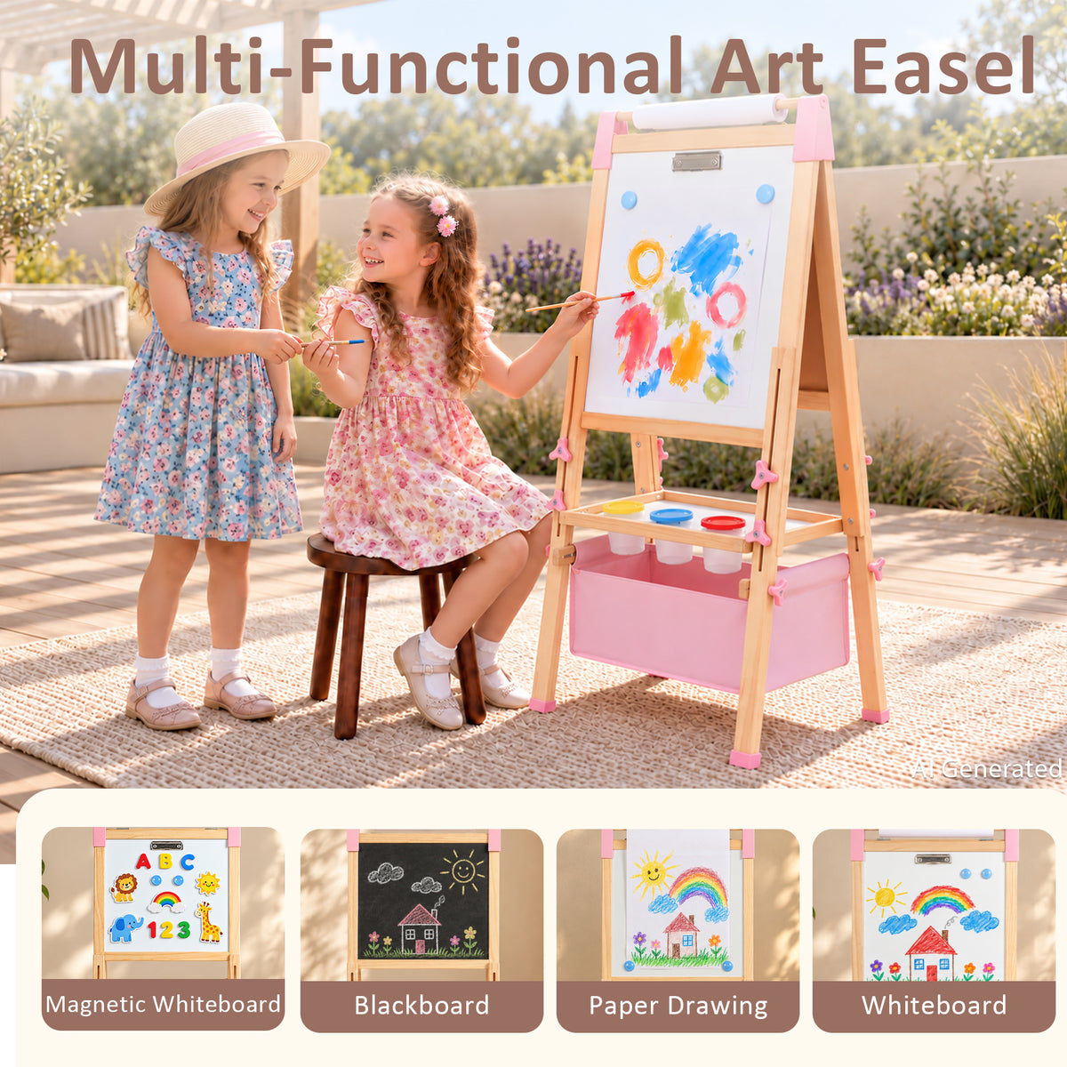 AILEEKISS Kids Art Easel Double-Sided Art Easel with Whiteboard and Chalkboard for Painting, Pink