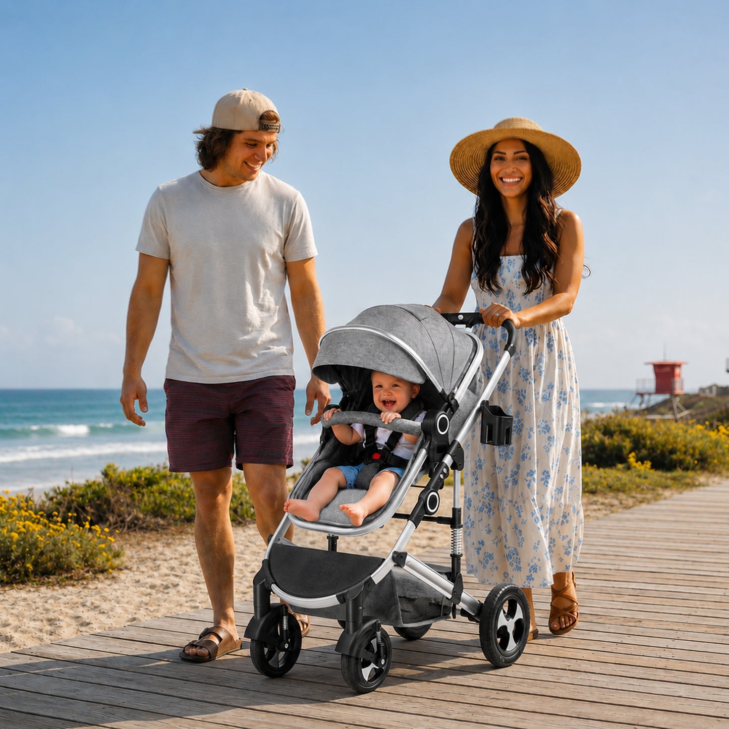 AILEEKISS 3 in 1 Convertible Baby Stroller, Unisex Folding Newborn Stroller with Big Seat, Dark Grey