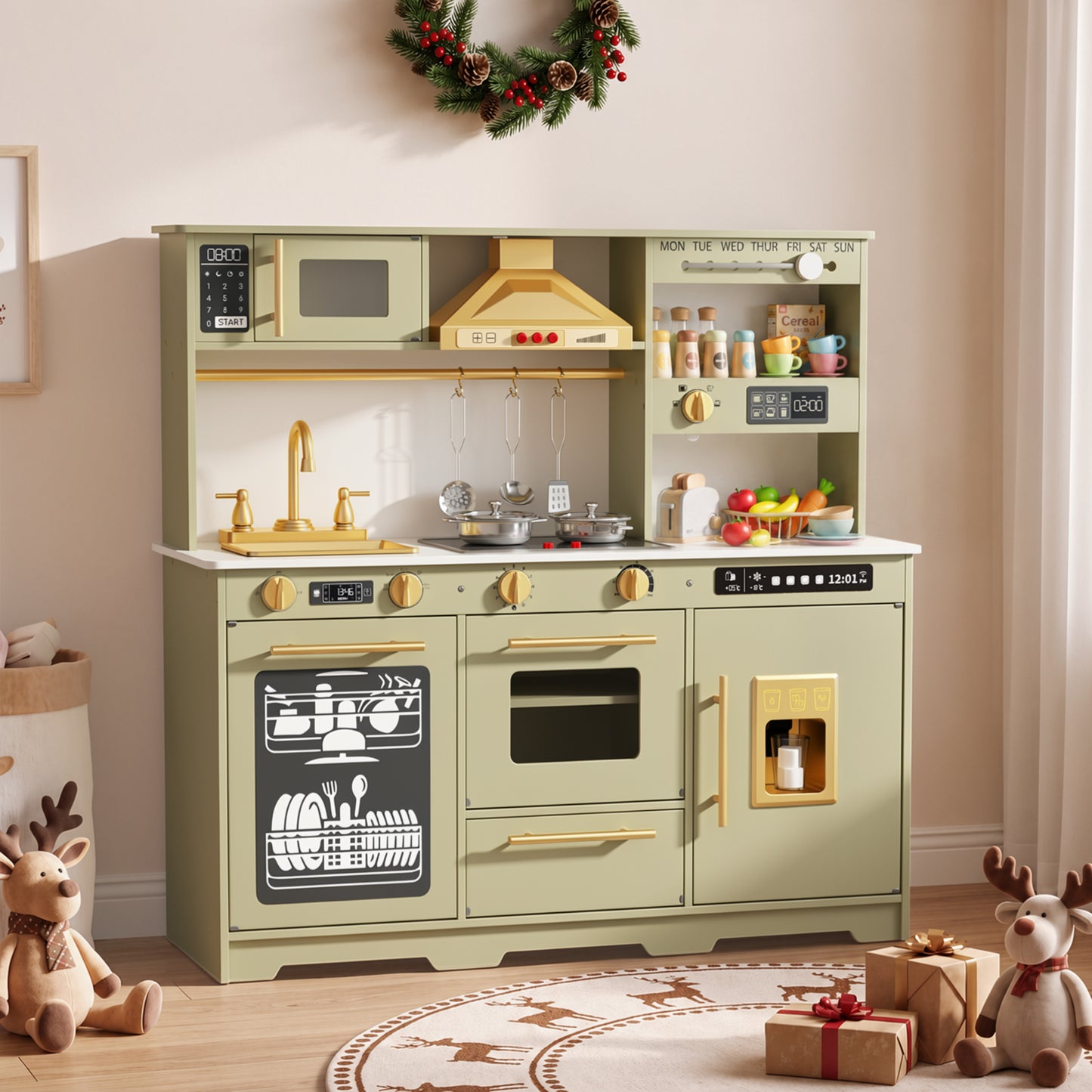 AILEEKISS Kids Toy Kitchen for Children, Pretend Kids Play Kitchen Set with Cooking Accessories, Green