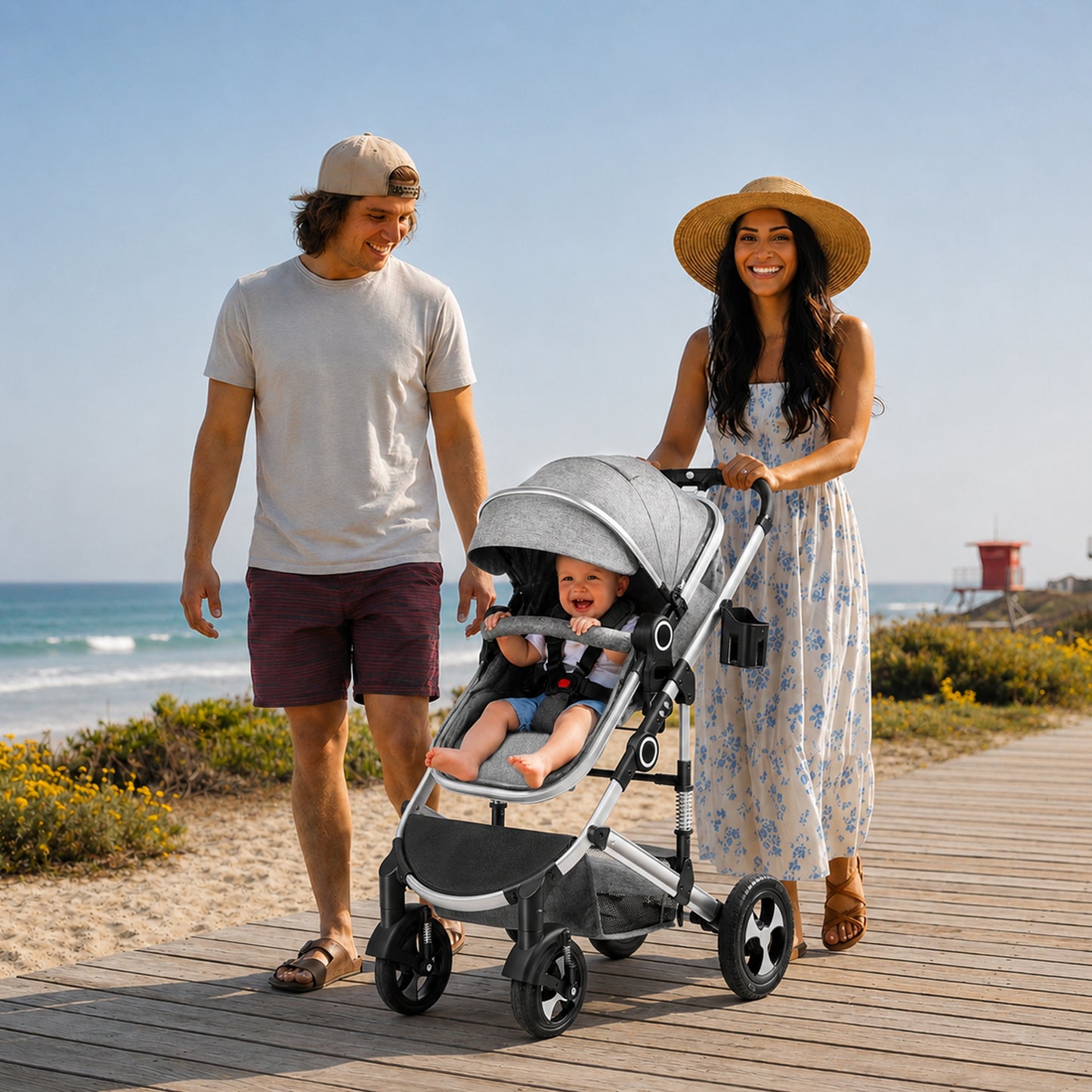 AILEEKISS 3 in 1 Convertible Baby Stroller, Unisex Folding Newborn Stroller with Big Seat, Light Grey