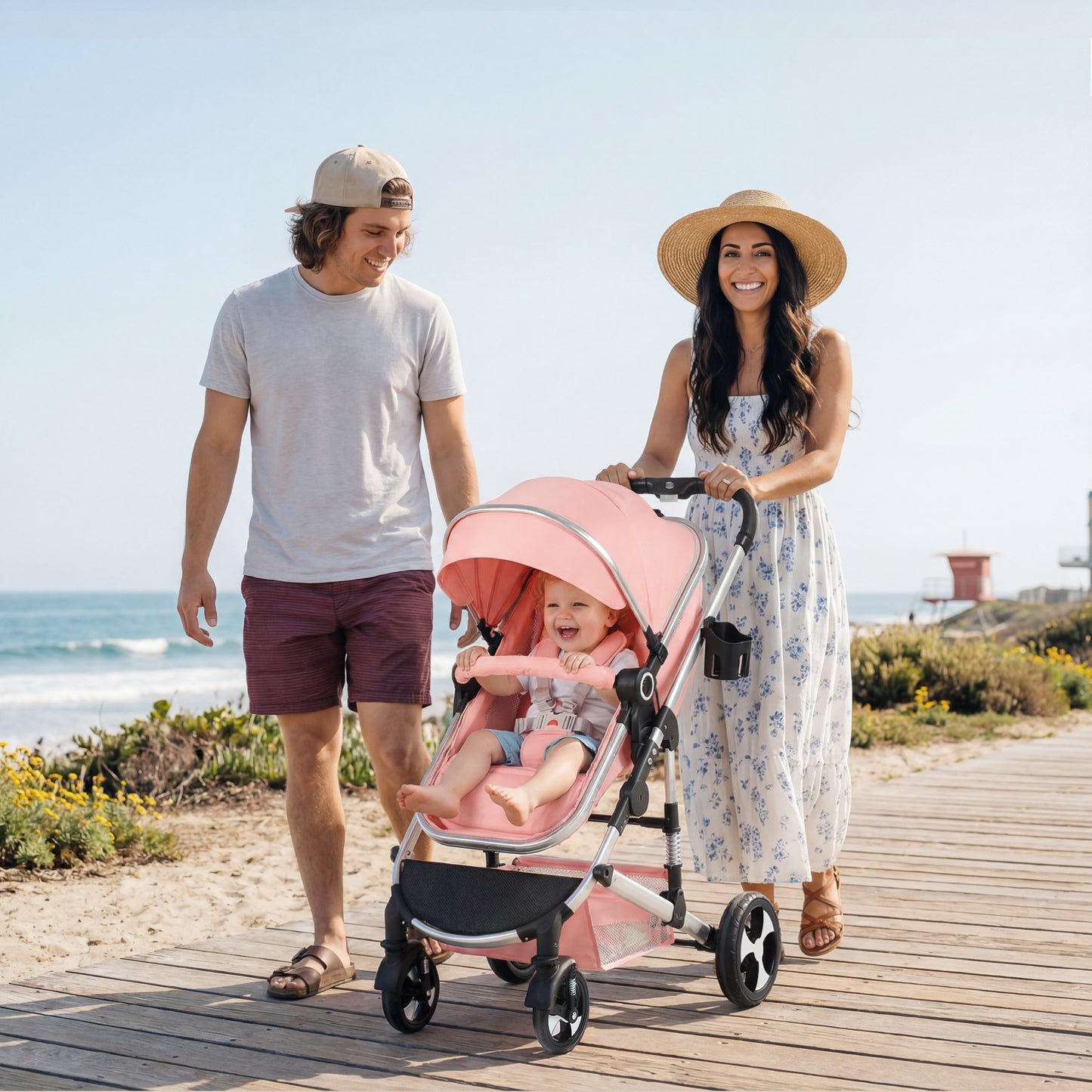 AILEEKISS 3 in 1 Convertible Baby Stroller, Unisex Folding Newborn Stroller with Big Seat, Pink