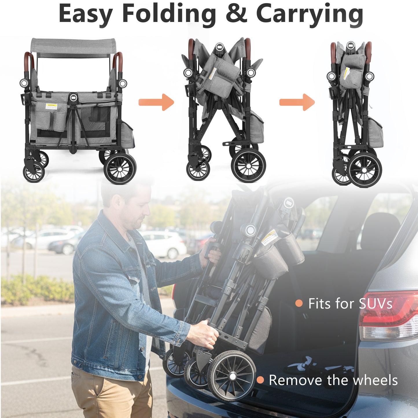 AILEEKISS Stroller Wagon for 2 Toddlers with Canopy, All-Terrain Baby Wagon Stroller,55 Pounds, Grey