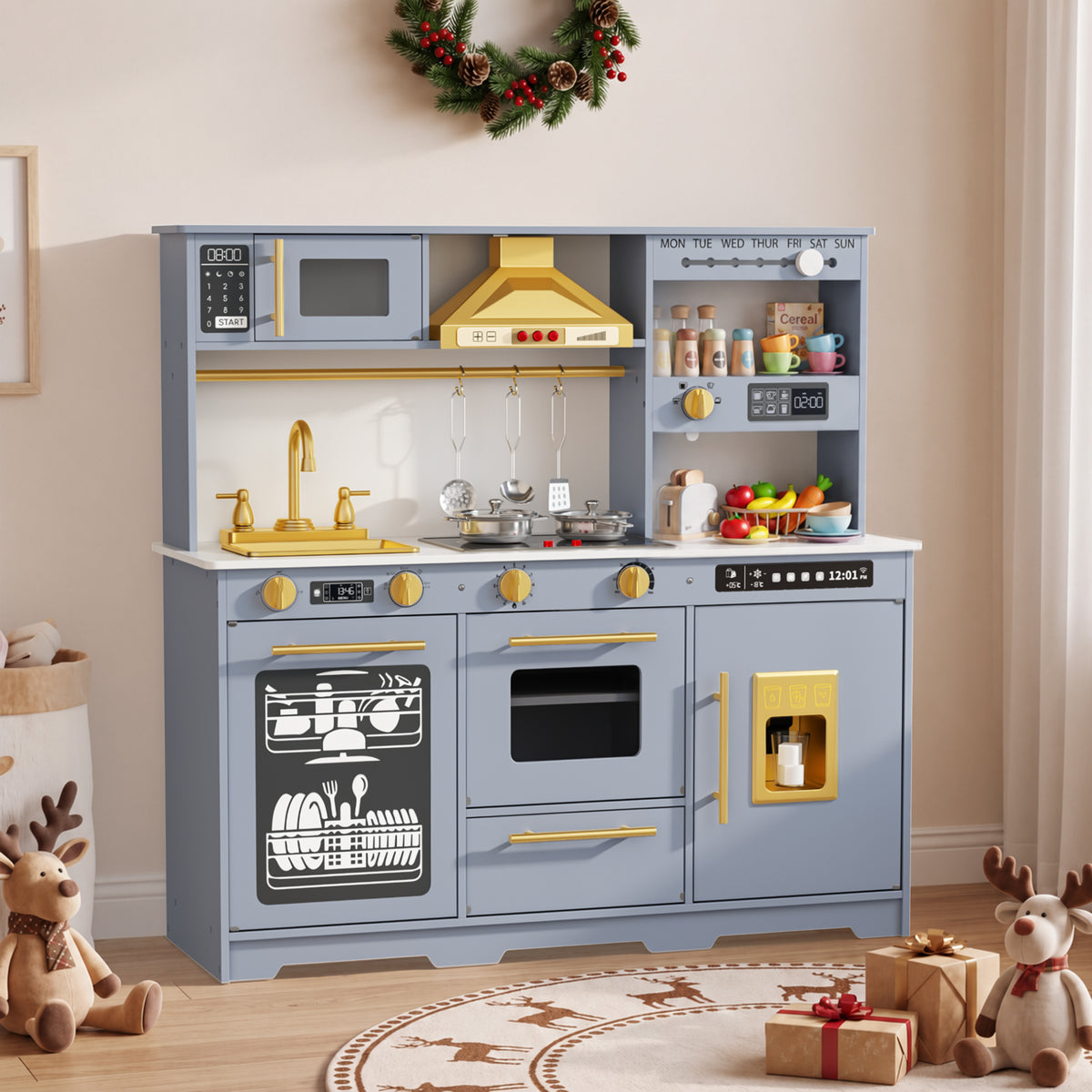 AILEEKISS Kids Toy Kitchen for Children, Pretend Kids Play Kitchen Set with Cooking Accessories, Blue