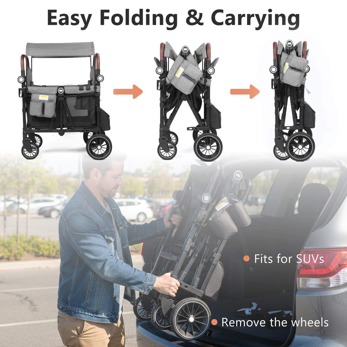AILEEKISS Stroller Wagon for 2 Toddlers with Canopy, All-Terrain Baby Wagon, 55 Pounds, Black & Grey
