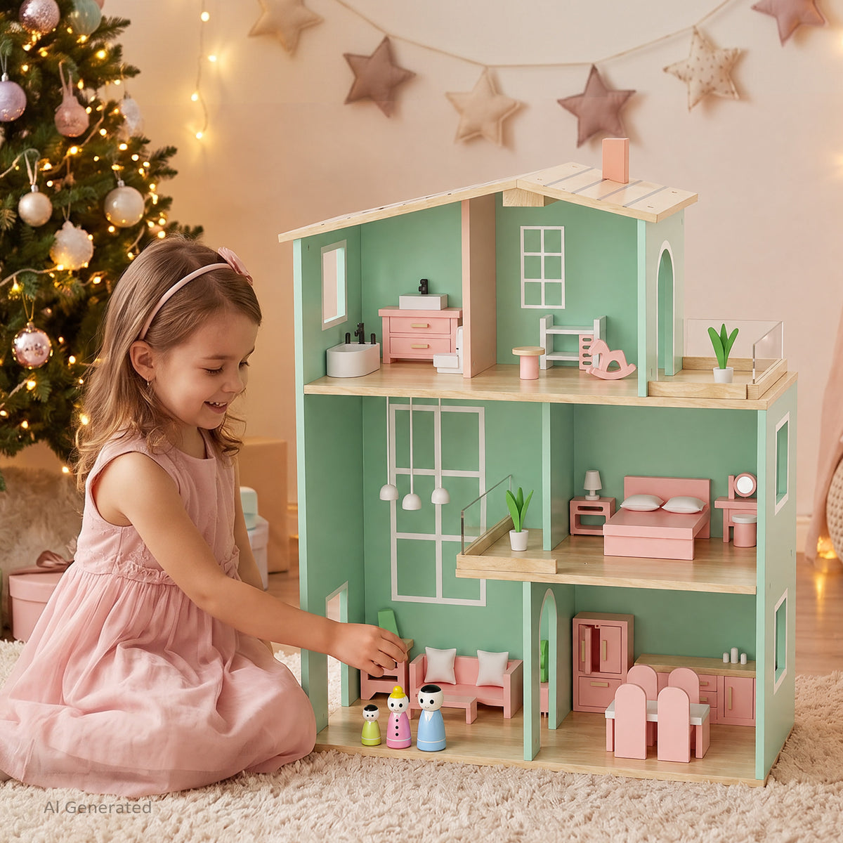 AILEEKISS Dollhouse for Kids with 35 Pieces Furniture Set, 3-Story Dream House with Puzzle Patio, Green