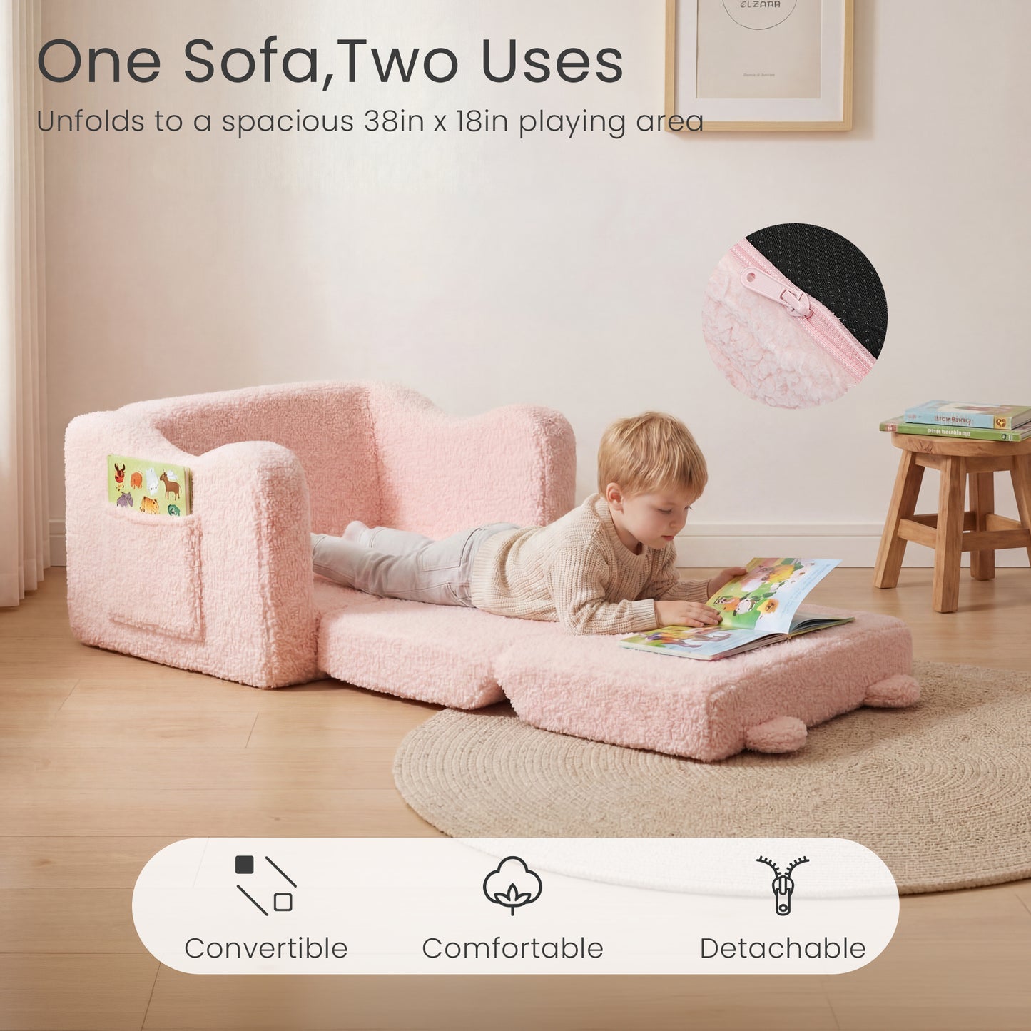 AILEEKISS Toddler Sofa, Foldable Kids Sofa Couch, Convertible Baby Lounger Chair for Playroom, Pink
