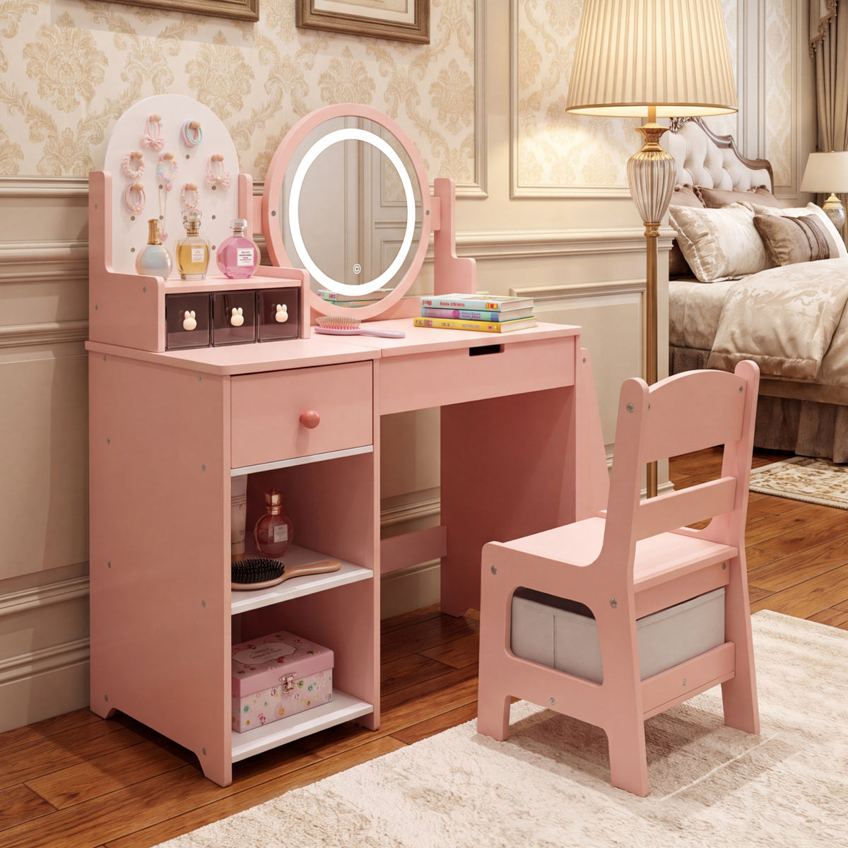 AILEEKISS Vanity Table Set with Drawers, Pretend Play Makeup Table with Storage Shelf, Pink