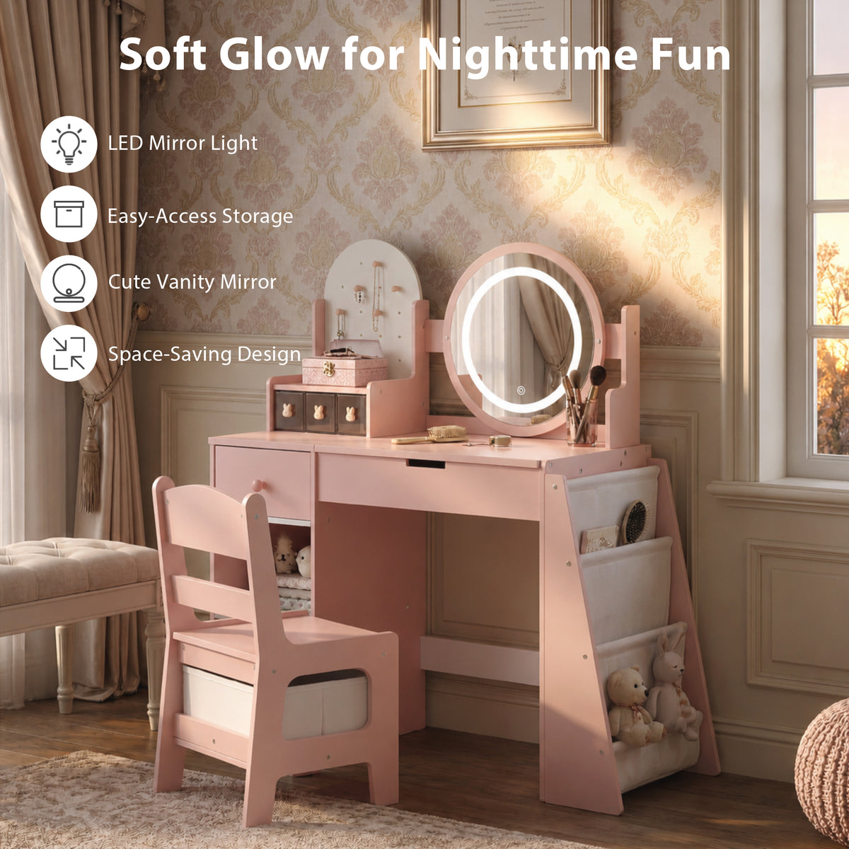 AILEEKISS Vanity Table Set with Drawers, Pretend Play Makeup Table with Storage Shelf, Pink