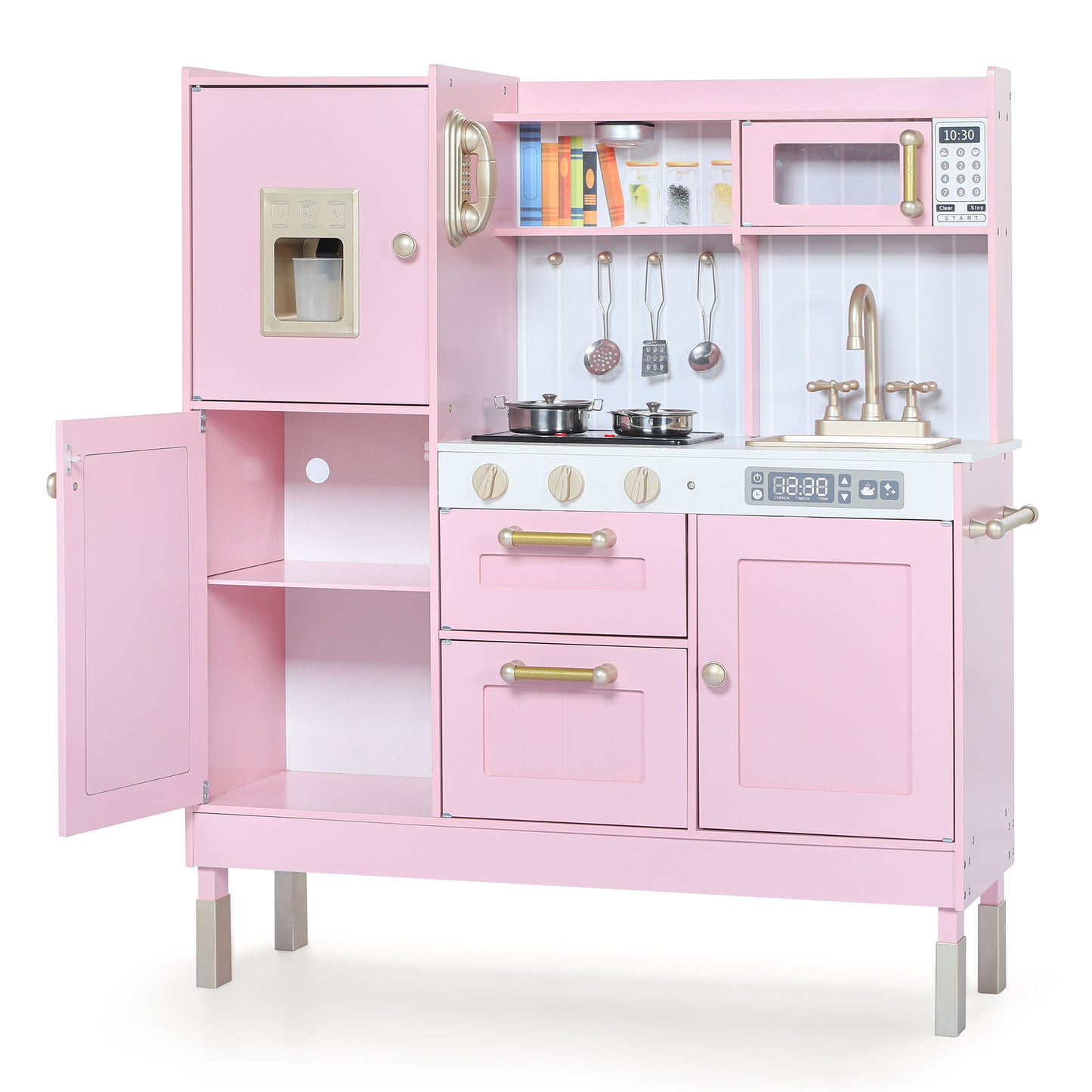 LINLUX Wooden Kids Play Kitchen, Toy Kitchen Playset For Toddler, Realistic Kitchen Sets Baby, Pink