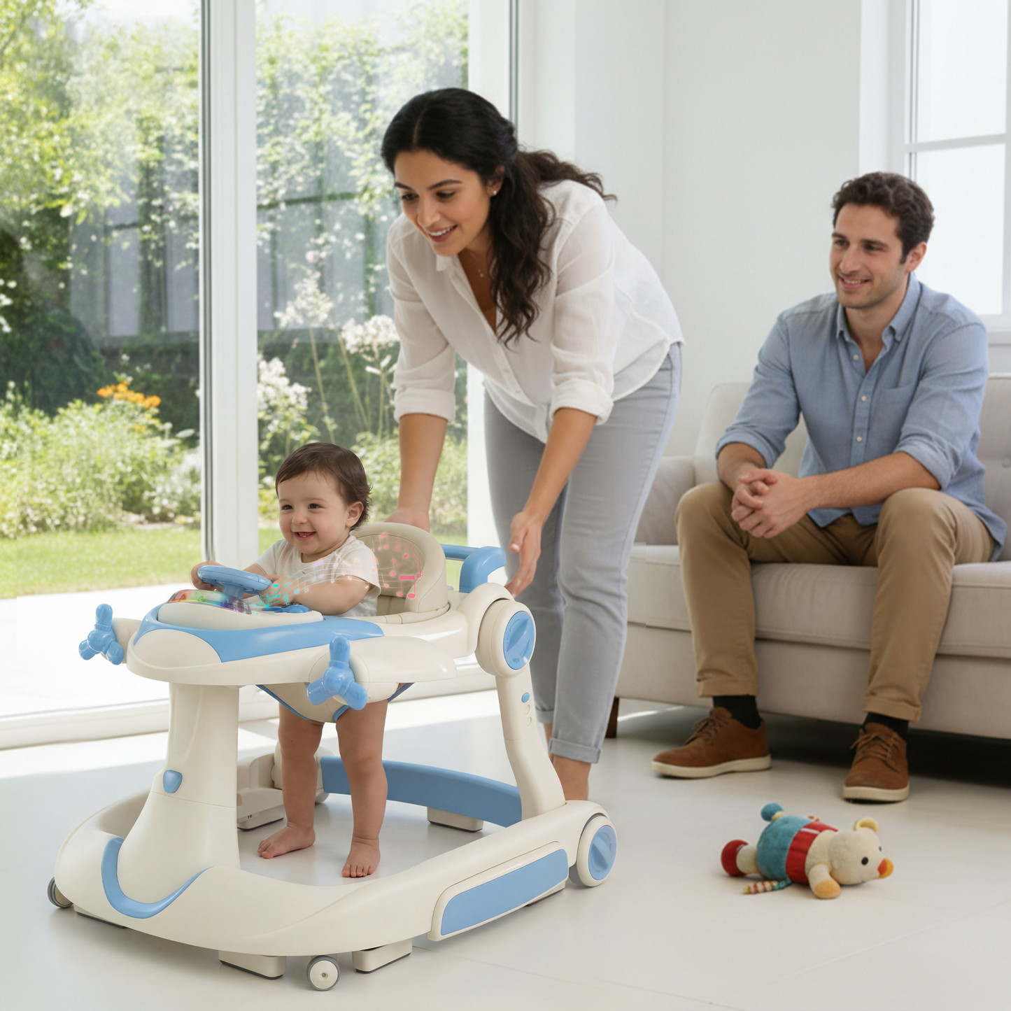 AILEEKISS 5-in-1 Musical Baby Walker with Wheels, Foldable Baby Walker for Boys Girls, Blue