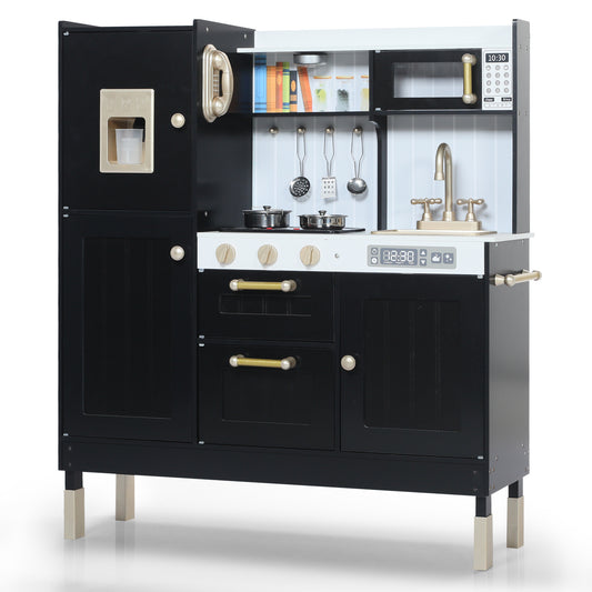 AILEEKISS Wood Kids Play Kitchen, Pretend Toy Kitchen Playset for Children with Sounds, Black