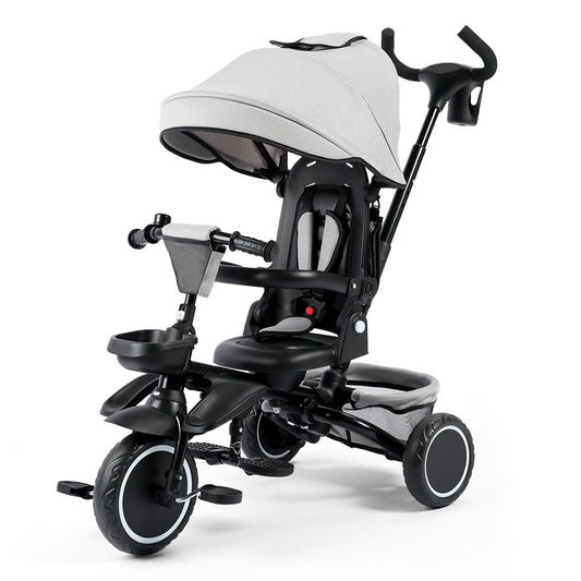 AILEEKISS 8-in-1 Kids' Tricycle Stroller, Folding Toddler Bicycle Unisex Ride Trike 1-6 Years, Light Grey