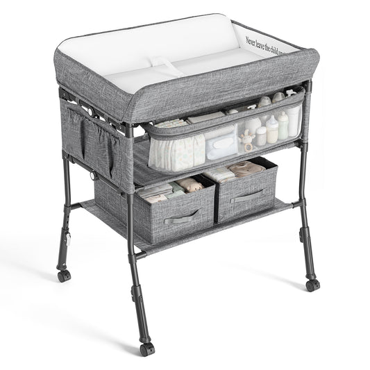 AILEEKISS Baby Diaper Changing Table, Waterproof Folding Changing Station with 2 Drawers, Grey