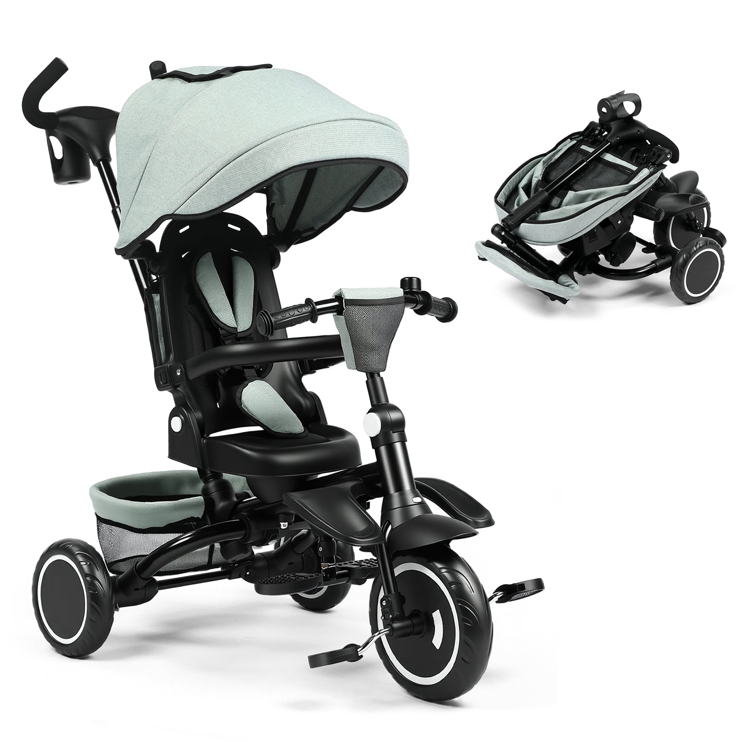 LINLUX Kids Trike Tricycle for Toddlers, 8 in 1 Folding Toddler Tricycle Bike w/Rotatable Seat, Green
