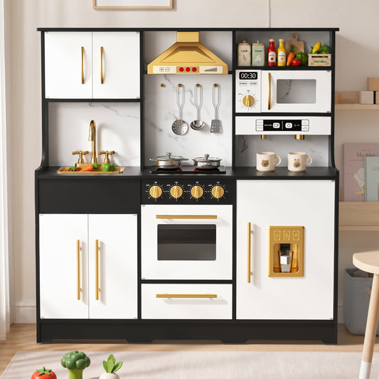 LINLUX Wooden Kids Kitchen Playset, Interactive Kitchen Toy with Sounds, Ice Maker & Oven, Black