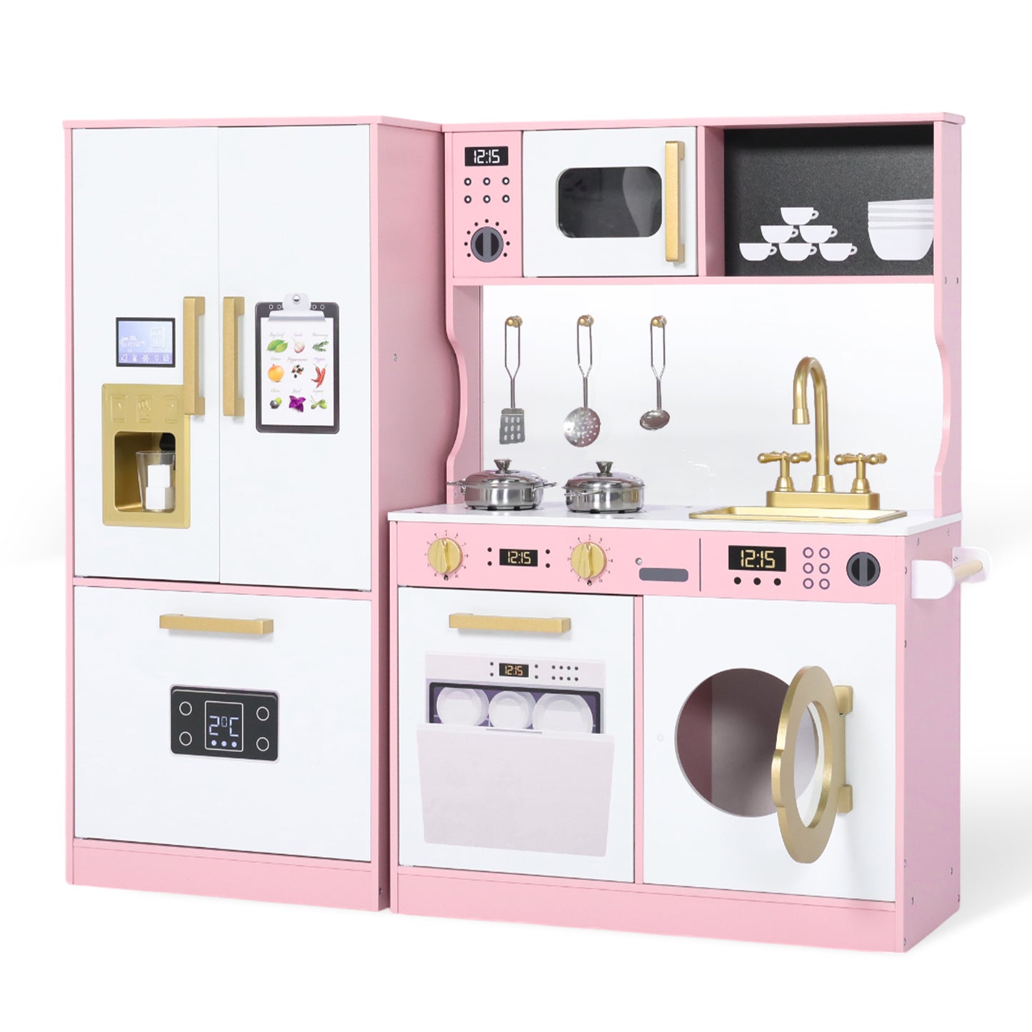 LINLUX Wooden Kids Play Kitchen Set, Pretend Kitchen with Ice Maker, Fridge, Microwave & Sink, Pink