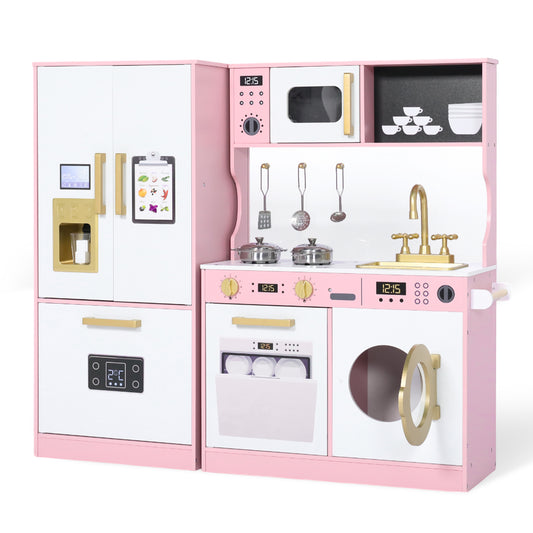 LINLUX Wooden Kids Play Kitchen Set, Pretend Kitchen with Ice Maker, Fridge, Microwave & Sink, Pink