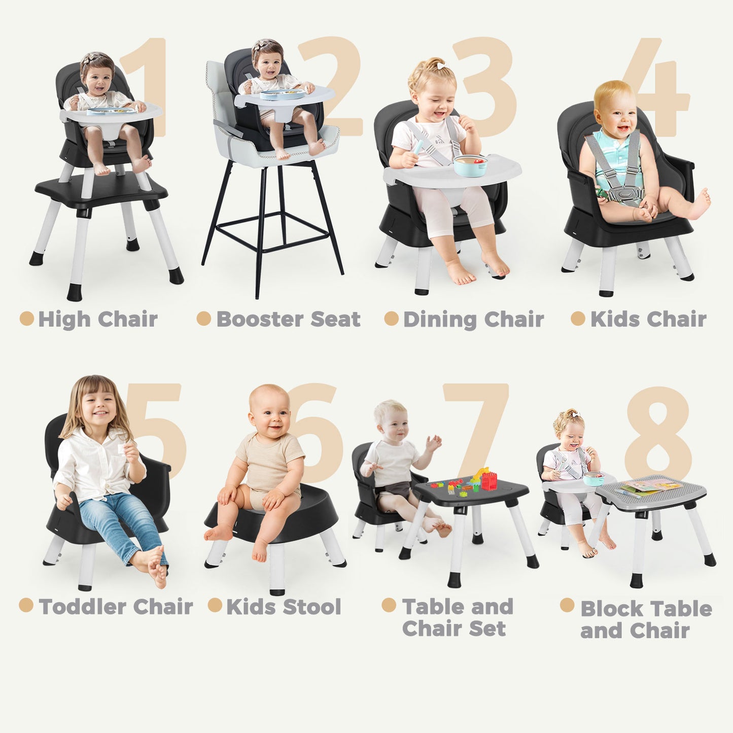 AILEEKISS 8 in 1 Baby High Chair, Toddler Dining Booster Seat for Eating, Grey