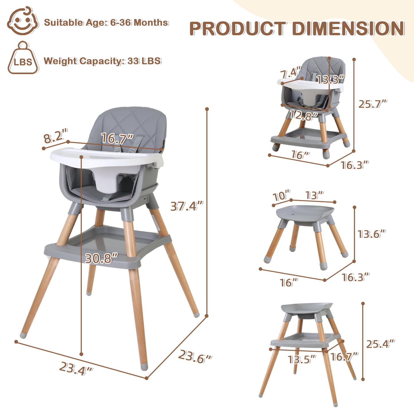 7 in 1 Wooden Baby High Chair Infant Feeding Chair with Removable Tray