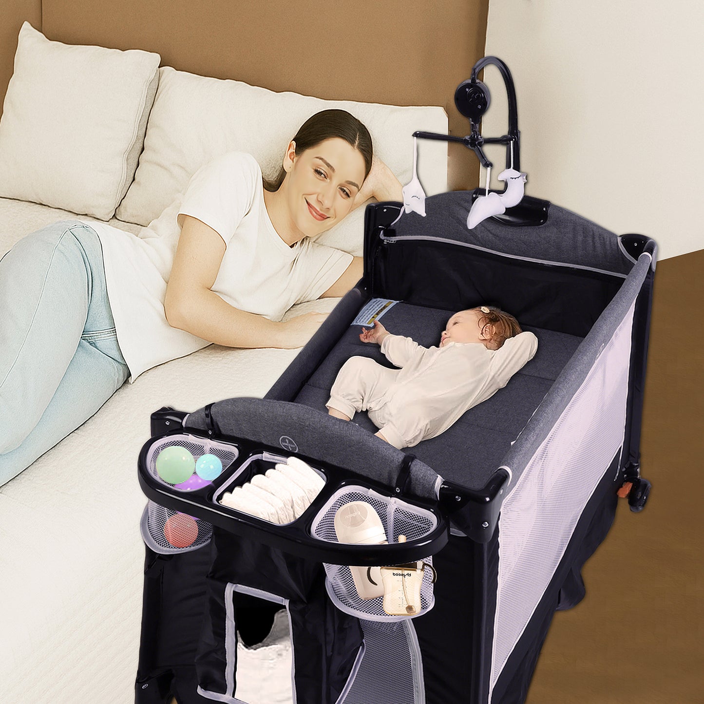 LINLUX Foldable Baby Bedside Crib Bassinet, Infant Pack and Play Playard, Newborn Playpen Changing Table,Dark Gray