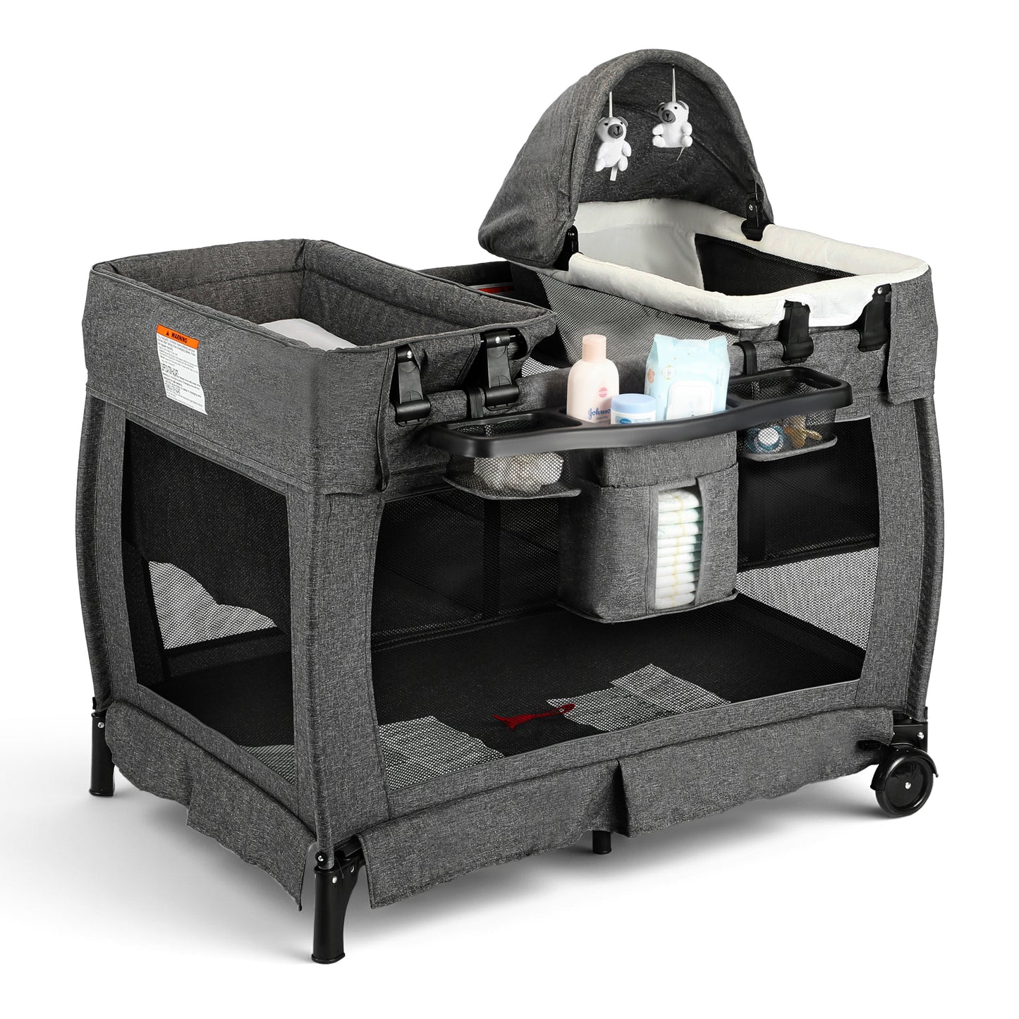 AILEEKISS 3-in-1 Foldable Baby Playard with Bassinet and Changing Table for Newborn, Dark Grey