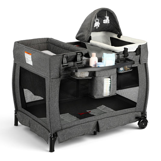 AILEEKISS 3-in-1 Foldable Baby Playard with Bassinet and Changing Table for Newborn, Dark Grey