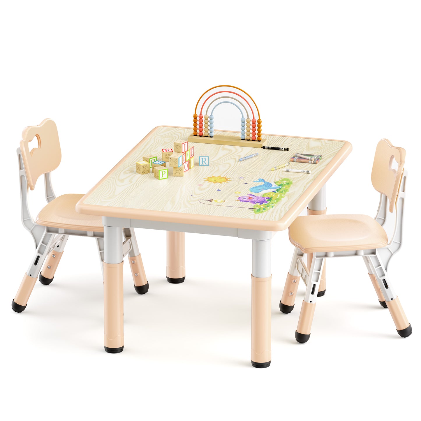 LINLUX Kids Table and 2 Chairs Set, Height Adjustable Table & Chairs, Spacious Activity Table for Toddlers, Beige