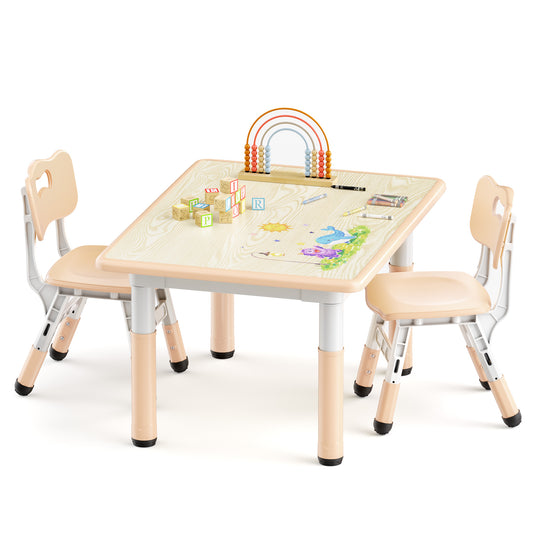 LINLUX Kids Table and 2 Chairs Set, Height Adjustable Table & Chairs, Spacious Activity Table for Toddlers, Beige