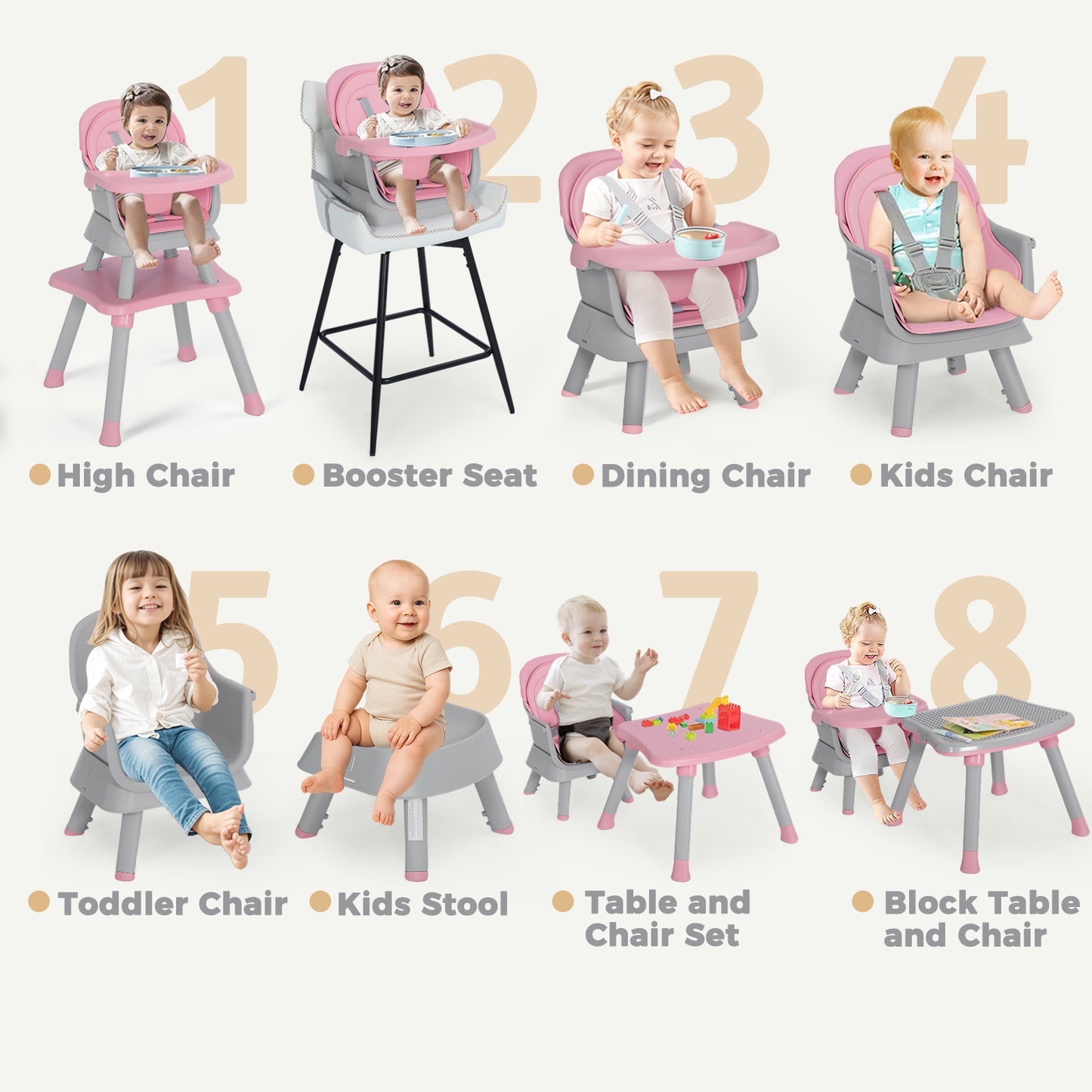 AILEEKISS 8 in 1 Baby High Chair, Toddler Dining Booster Seat for Eating, Pink Grey