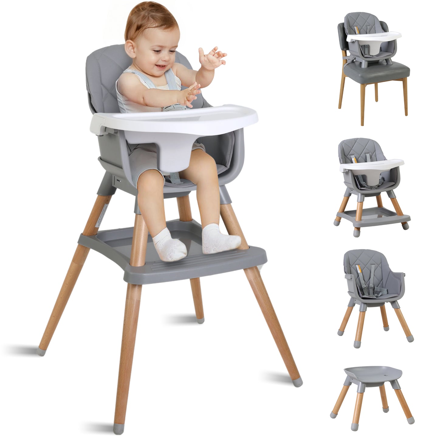 7 in 1 Wooden Baby High Chair Infant Feeding Chair with Removable Tray