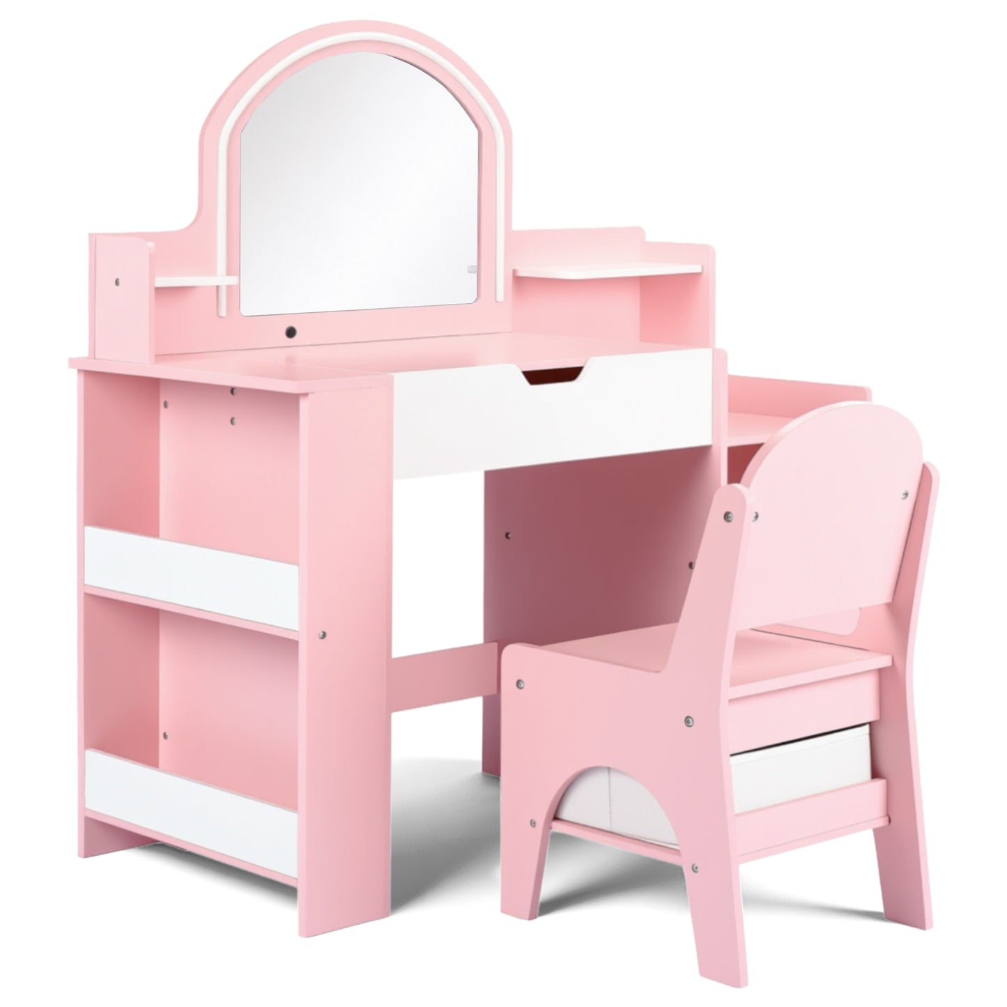 LINLUX Kids Vanity Table and Chair Set with Mirror and Large Storage, Princess Makeup Dressing Table for Girls, Pink