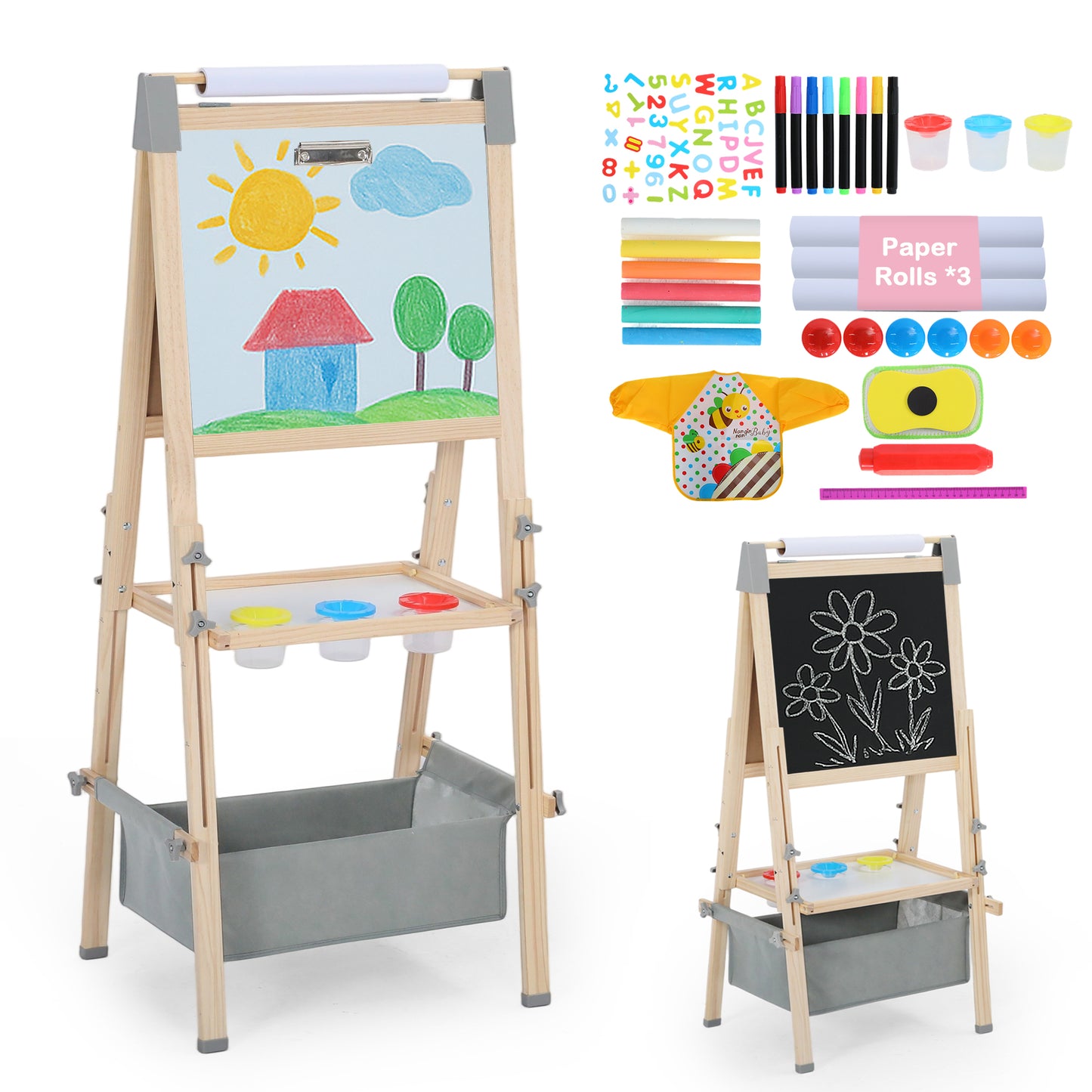 LINLUX Double-Sided Art Easel for Kids, 3 in 1 Wooden Kids Easel w/Paper Roller & Art Supplies, Grey