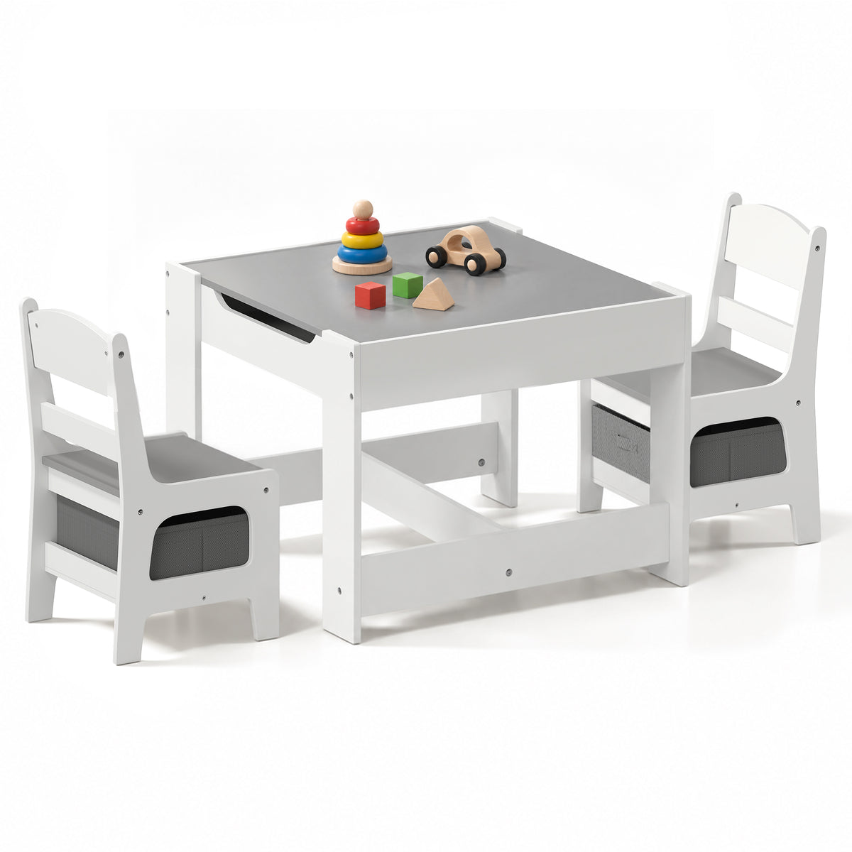 LINLUX Kids Table and 2 Chairs Set, Children Activity Table Chairs with Chalkboard/Whiteboard, Grey