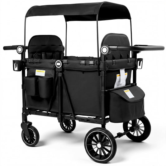 LINLUX 2 Kids Wagon Stroller, Foldable Outdoor 2-Seat Stroller Wagon, Removable Canopy, 55 Pound, Black