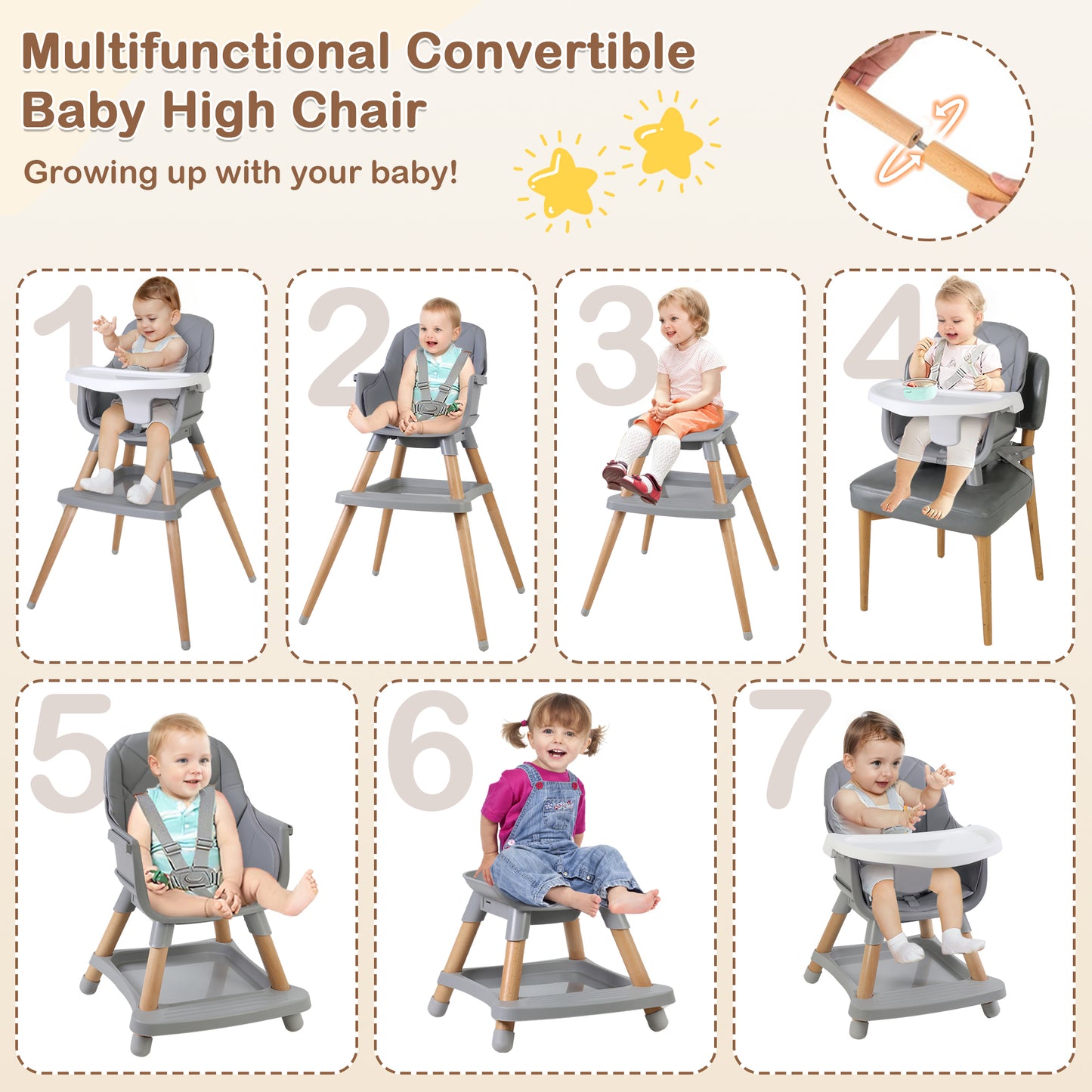 7 in 1 Wooden Baby High Chair Infant Feeding Chair with Removable Tray