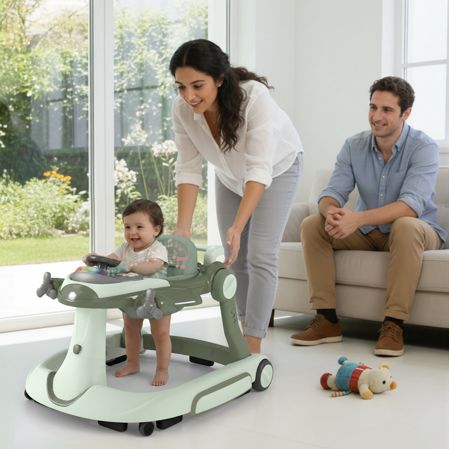 AILEEKISS 5-in-1 Musical Baby Walker with Wheels, Foldable Baby Walker for Boys Girls, Green