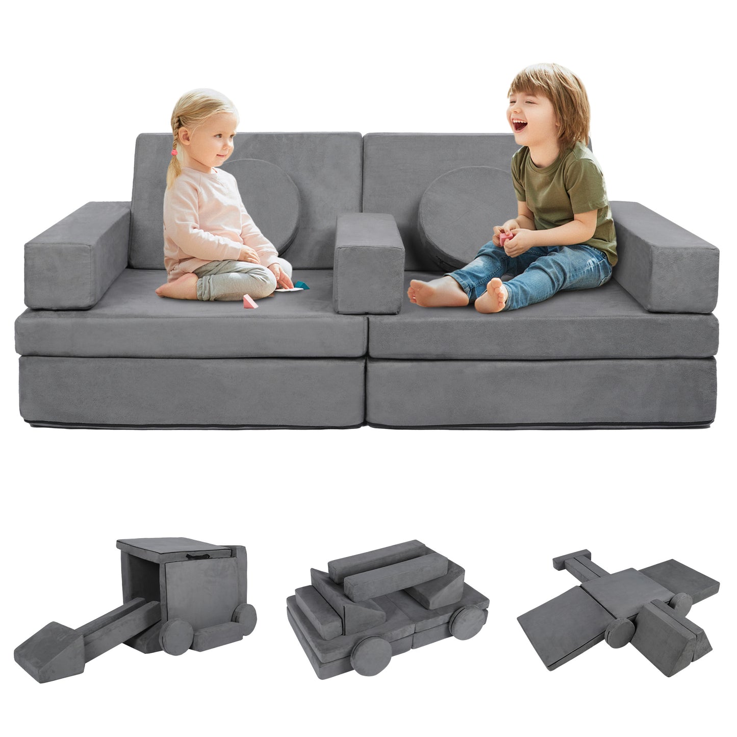 9 Pcs Kids Sofa Couch Playset, Baby Play Couch Imaginative Furniture for Toddler, Grey