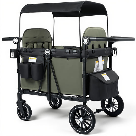 LINLUX 2 Kids Wagon Stroller, Foldable Outdoor 2-Seat Stroller Wagon, Removable Canopy, 55 Pound, Green