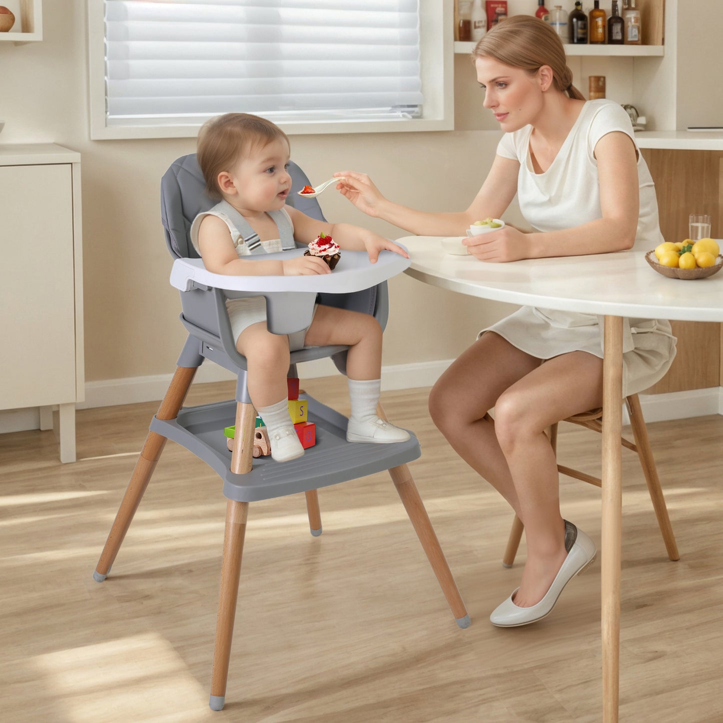 7 in 1 Wooden Baby High Chair Infant Feeding Chair with Removable Tray