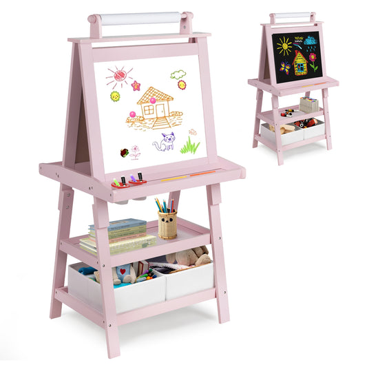 3 in 1 Kids Art Easel Double-Sided Magnetic Whiteboard Chalkboard Paper Roller, Pink