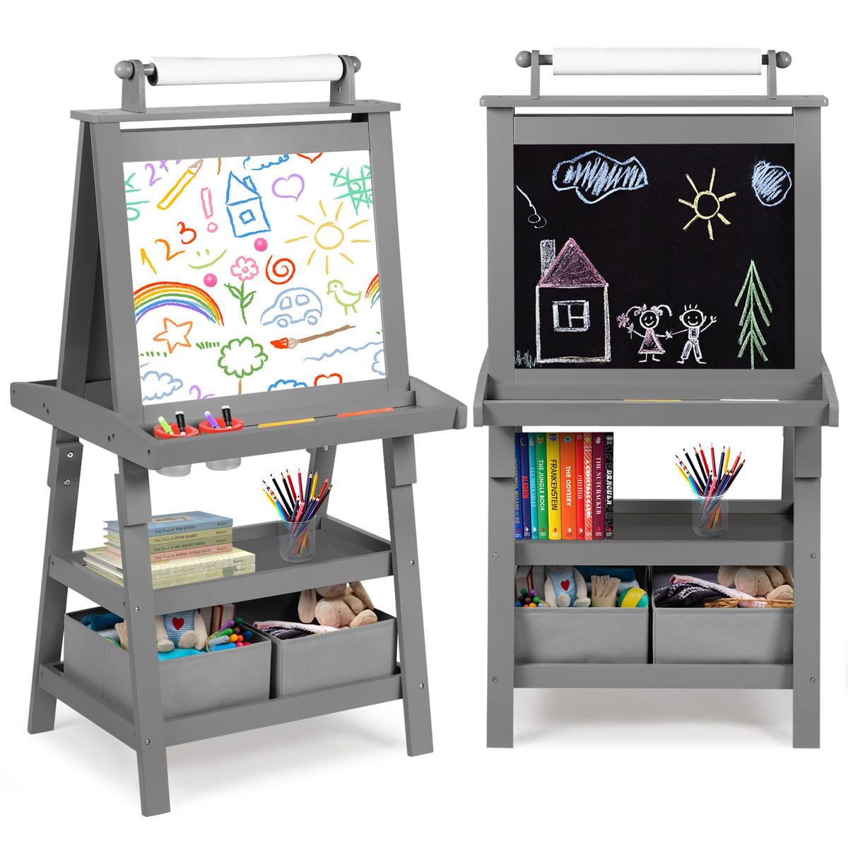 LINLUX 3 in 1 Kids Art Easel Drawing Board Double-Sided Whiteboard Chalkboard, Grey