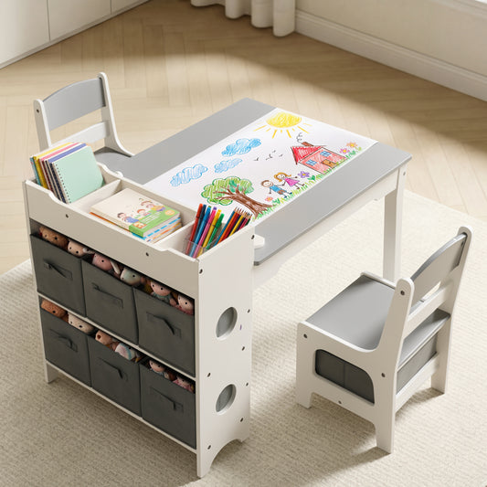 LINLUX Kids Art Table w/Easel, Kids Craft Table & Chair Set for Drawing, Child Activity Table, Grey