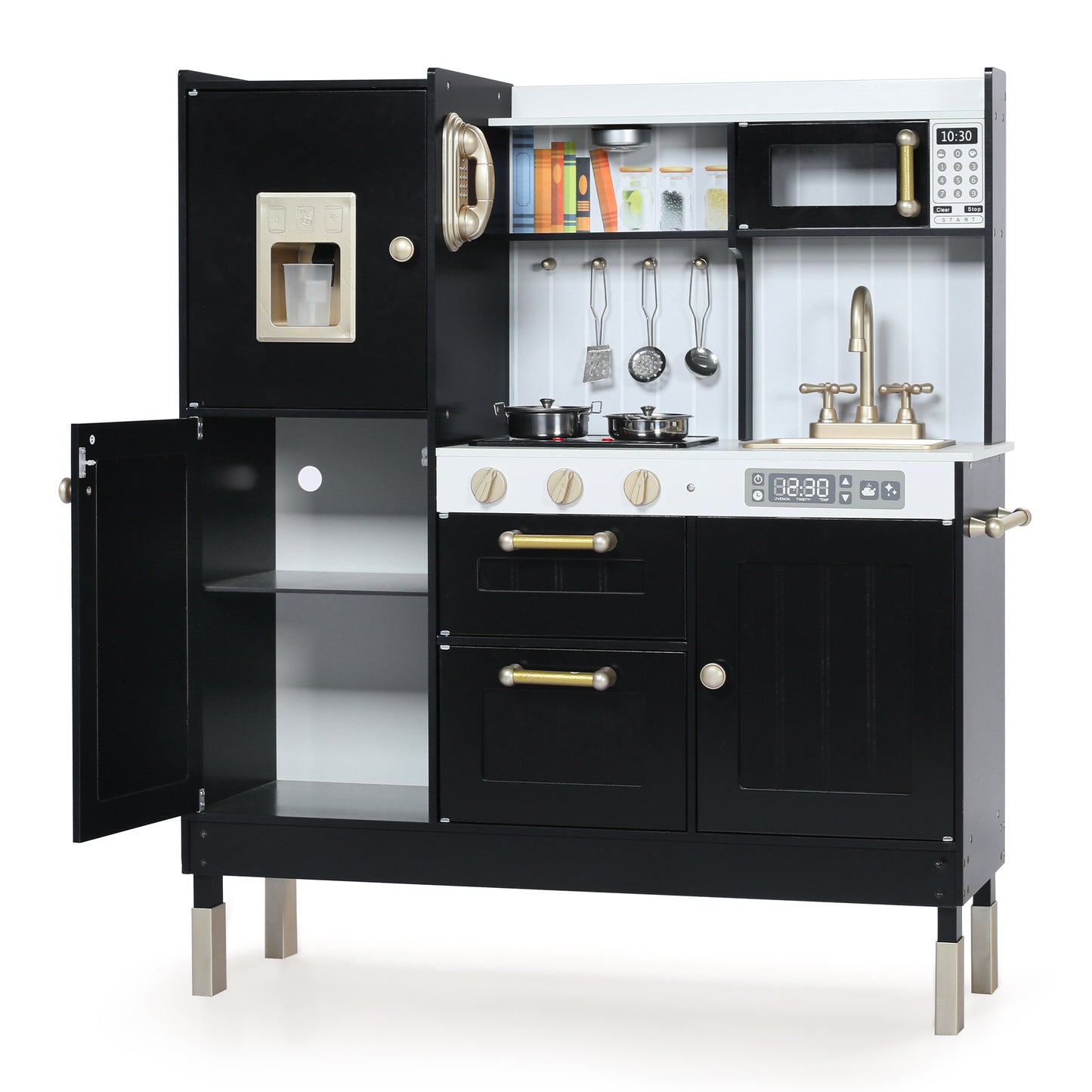 LINLUX Wooden Kids Play Kitchen, Toy Kitchen Playset For Toddler, Realistic Kitchen Sets Baby, Black