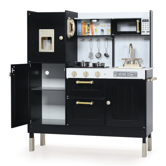 LINLUX Wooden Kids Play Kitchen, Toy Kitchen Playset For Toddler, Realistic Kitchen Sets Baby, Black