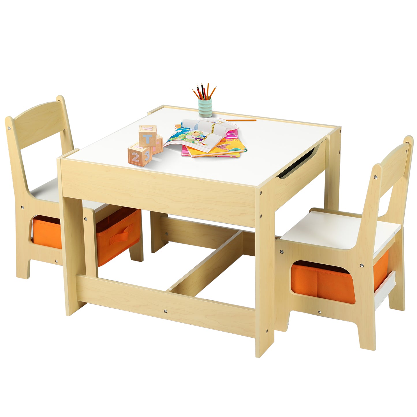 3 in 1 Kids Wood Table & 2 Chairs Set Children Activity Table w/Storage, Natural