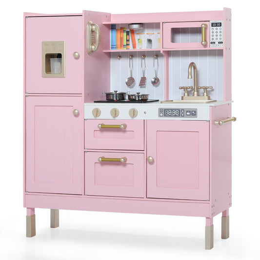 AILEEKISS Wood Kids Play Kitchen, Pretend Toy Kitchen Playset for Children with Sounds, Pink